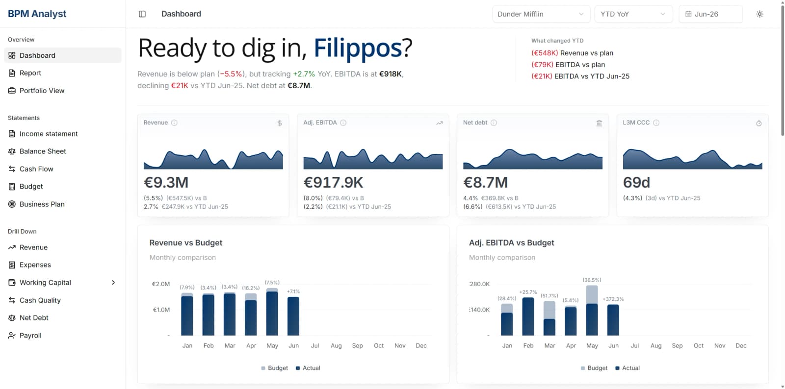 BPM Analyst dashboard: what changed year to date, revenue, adjusted EBITDA, net debt and cash conversion, each against budget